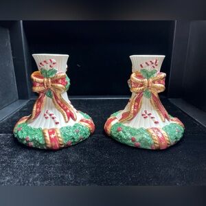 2 Fitz & Floyd Candlestick Holders Christmas Wreaths Ribbons Candy Canes VTG